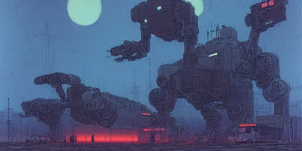 Image similar to grainy risograph matte painting of gigantic huge mech covered with wounds, black, pastel matte colors, staying in the foggy huge parking station, blue glowing fireflies, by moebius, hyperrealism, intricate detailed