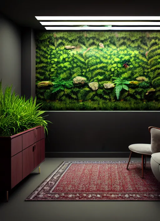 Prompt: hyperrealism, detailed textures, photorealistic 3 d render, a beautiful rich interior living space with plants fishtanks and obsidian flooring, deep cherry wood walls, ultra realistic, ultra high pixel detail, cinematic, intricate, cinematic light, octane render, concept art, illustration, captured on canon eos r 6, art station, unreal engine 8 k