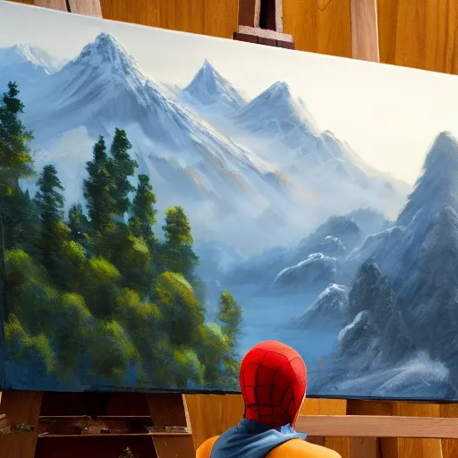 Image similar to a closeup photorealistic photograph of bob ross working on a canvas painting of spiderman. film still. brightly lit scene. mountains and trees. this 4 k hd image is trending on artstation, featured on behance, well - rendered, extra crisp, features intricate detail, epic composition and the style of unreal engine.