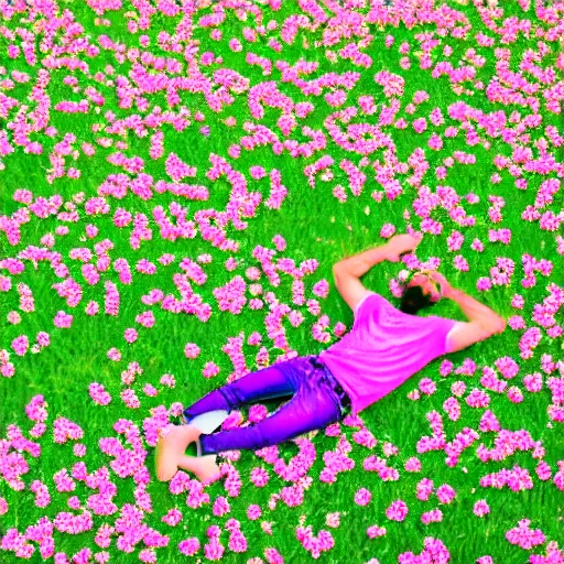 Image similar to aerial view photo of a guy laying in a field of flowers looking at the camera, pastel faded effect, synthwave colors, 8K