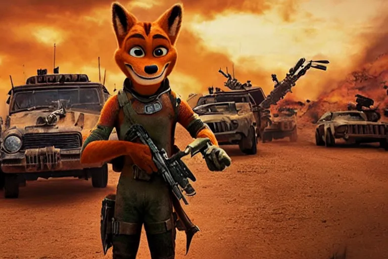 Image similar to nick wilde, heavily armed and armored facing down armageddon in a dark and gritty reboot from the makers of mad max : fury road