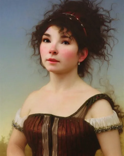 Image similar to beautiful glorious realistic oil painting of bjork, bokeh, baroque style by bouguereau, sunset, highly detailed, 8 k intricate