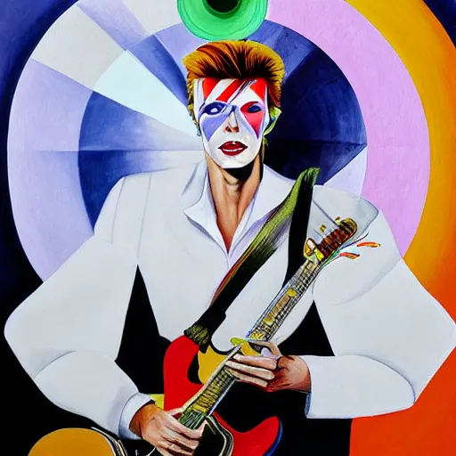 Image similar to a painting of David Bowie, wearing a white suit, sitting on a throne of guitars, in the style of Alex Ross