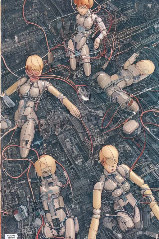 Image similar to a hyper-detailed magazine cover illustration of a group of four female androids' body pieces with cables and wires coming out, lying scattered over an empty floor, by masamune shirow and katsuhiro otomo, view from above, japan 1980s