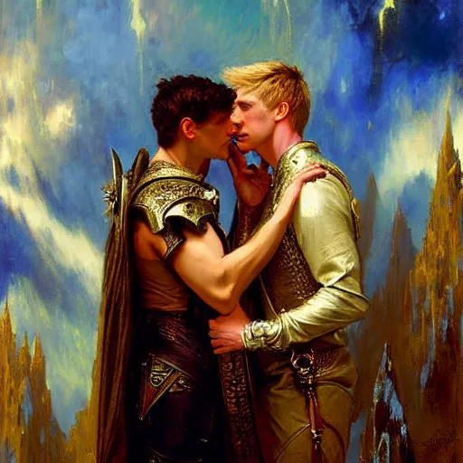 Image similar to attractive arthur pendragon with attractive male merlin the mage. they are in love. highly detailed painting by gaston bussiere, craig mullins, j. c. leyendecker