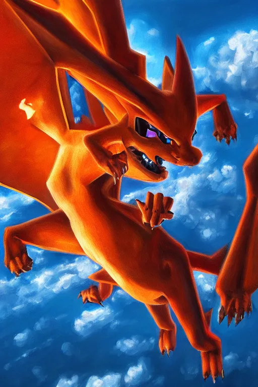 Image similar to charizard flying above new york, oil on canvas, intricate, 8 k highly professionally detailed, hdr, cgsociety