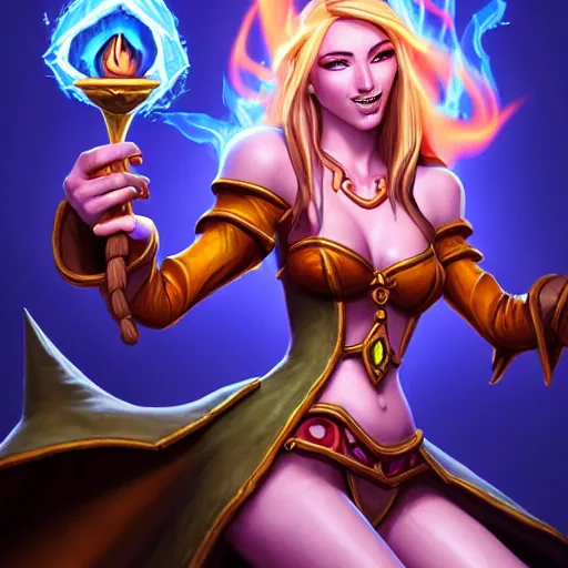 Prompt: Hearthstone official professional art. A sorceress, wearing a robe casting a fire ball. Insanely logical & professional physical body parts (face, arms, legs, hair, eyes, insanely huge hips). Full body realistic, sharp focus, 8k high definition, insanely detailed, intricate, elegant, smooth, sharp focus, illustration, ArtStation