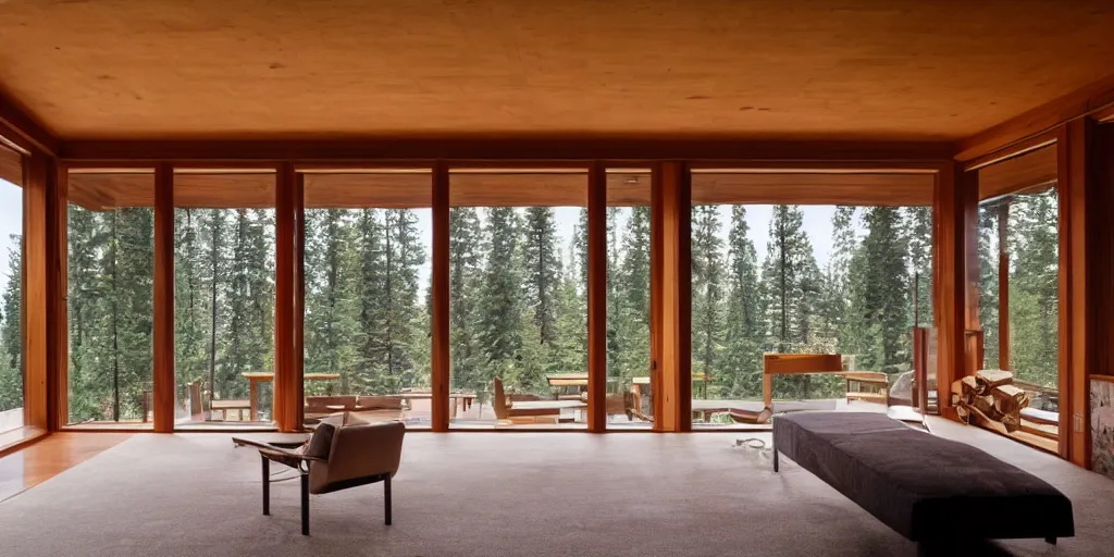 Image similar to large modern lodge, pacific northwest, cedar and concrete, many large windows, designed by frank lloyd wright and olson kundig