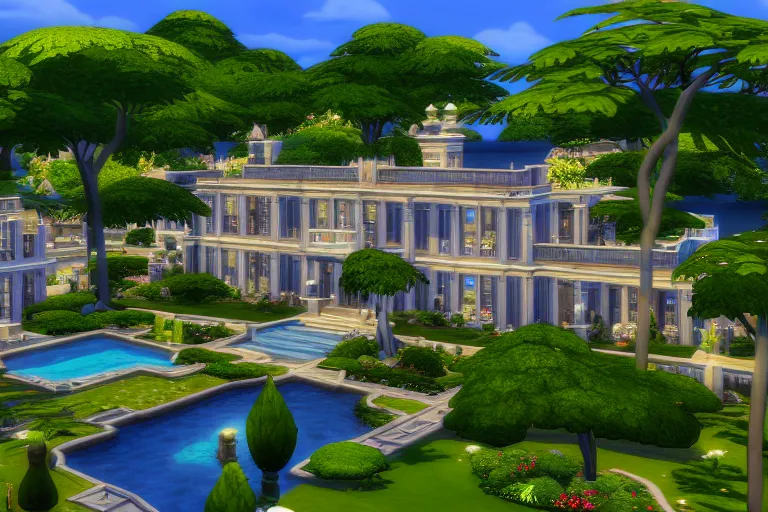 Image similar to sims 4 mansion, unlike anything on earth, photograph, beautiful, very rich, gilded, sophisticated lighting, serene pool, perfect garden, unfathomable, elegant, highly detailed, centered, fisheye, octane render, 8 k, in the style of the iain m banks