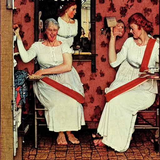 Image similar to The Three Fates weaving the lives of countless souls, artist is Norman Rockwell,