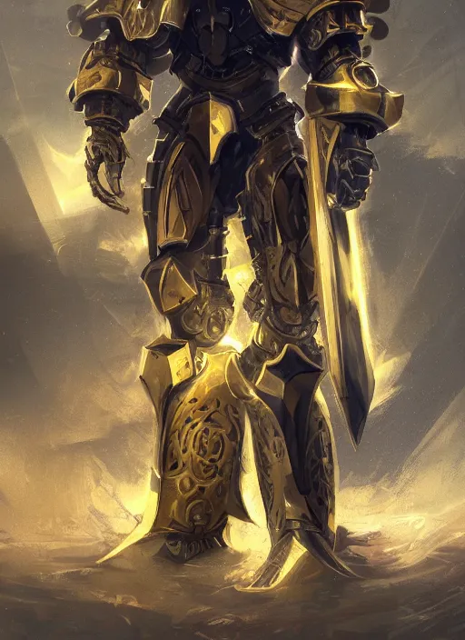 Prompt: dynamic attack position abstract portrait of a intricate glorious holy mechanical warforged character in yellow armor holding a paladin engraved great longsword drawn and carrying a big paladin shield, beam from eye , face in focus, epic , trending on ArtStation, masterpiece, cinematic lighting, by Ross Tran and by Greg Rutkowski