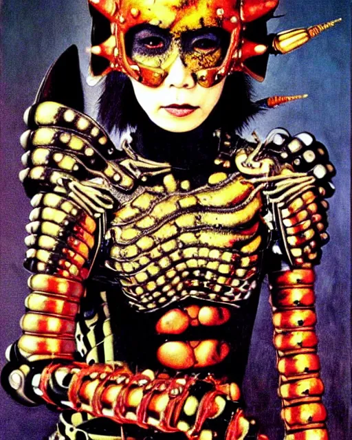 Prompt: portrait of a skinny punk goth yayoi kusama wearing armor by simon bisley, john blance, frank frazetta, fantasy, thief warrior, colorful cats