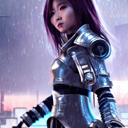 Prompt: An epic fantastic ultrarealism comic book style portrait painting of a female cyberpunk armor samurai, tzuyu from twice, blue and ice silver color armor, cyberpunk feel raining at tokyo rooftop, Concept world Art, unreal 5, DAZ, 8k, hyperrealistic, octane render, cosplay, RPG portrait, final fantasy artwork concept, dramatic lighting, rim lights