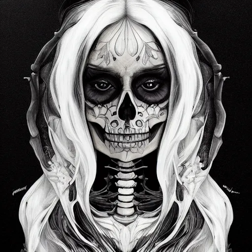 Prompt: a photograpic portrait of a anthropomorphic skeleton wearing black clothes, silver hair, fantasy, intricate, elegant, highly detailed, digital painting, artstation, concept art, smooth, sharp focus, illustration, art by artgerm and H R Giger and alphonse mucha