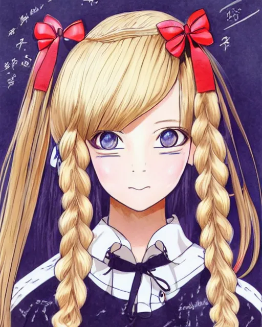 Image similar to illustration of a blonde twintails hair with ribbons anime girl with red eyes in the style of studio ghibli, ayami kojima, akihiko yoshida and 90's anime