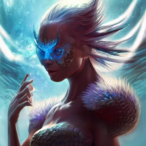 Image similar to photo of a beautiful female dragon, anthropomorphic, sharp focus, illustration, ultra real, masterpiece, glowing holy aura by magali villeneuve and stanley artgerm lau, wlop,