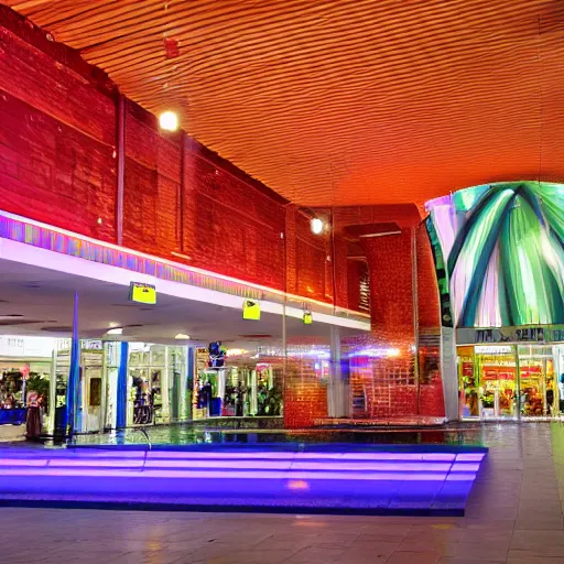 Image similar to A vast 80s shopping mall interior with an enormous water feature, water fountain, water falls, photo taken at night, neon pillars, large crowd, red brick