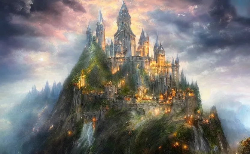 Image similar to beautiful secret city of the elves gondolin on top of a mountain, magical gloomy mystical. by konstantin razumov, fractal flame, chiaroscuro, highly detailded