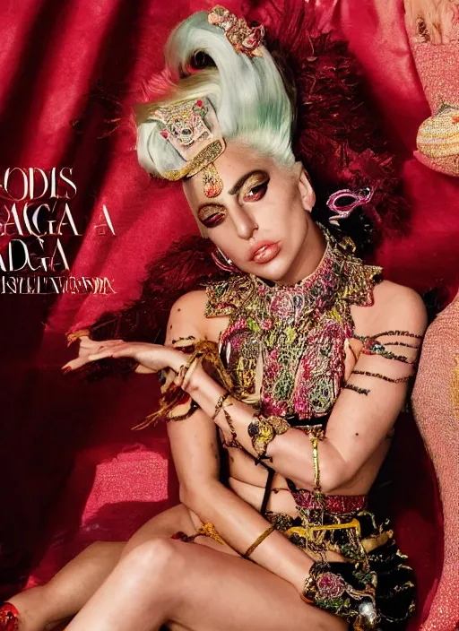Image similar to lady gaga styled by nick knight posing in an indian setting , vogue magazine, Highly realistic. High resolution. Highly detailed. Dramatic. 8k.4k.
