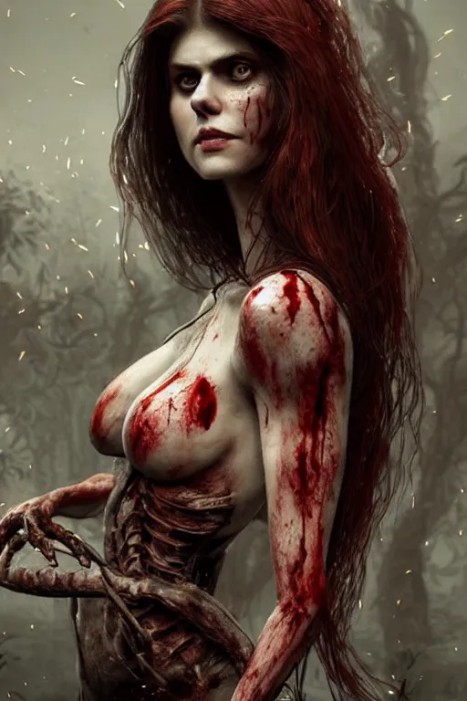 Image similar to woman!, black skeleton body!!, covered with blood, alexandra daddario face!!!, long red hair, ultra realistic, concept art, intricate details, highly detailed, photorealistic, octane render, 8 k, unreal engine. retro film still, heavy grain, 3 5 mm, art by artgerm and greg rutkowski and alphonse mucha