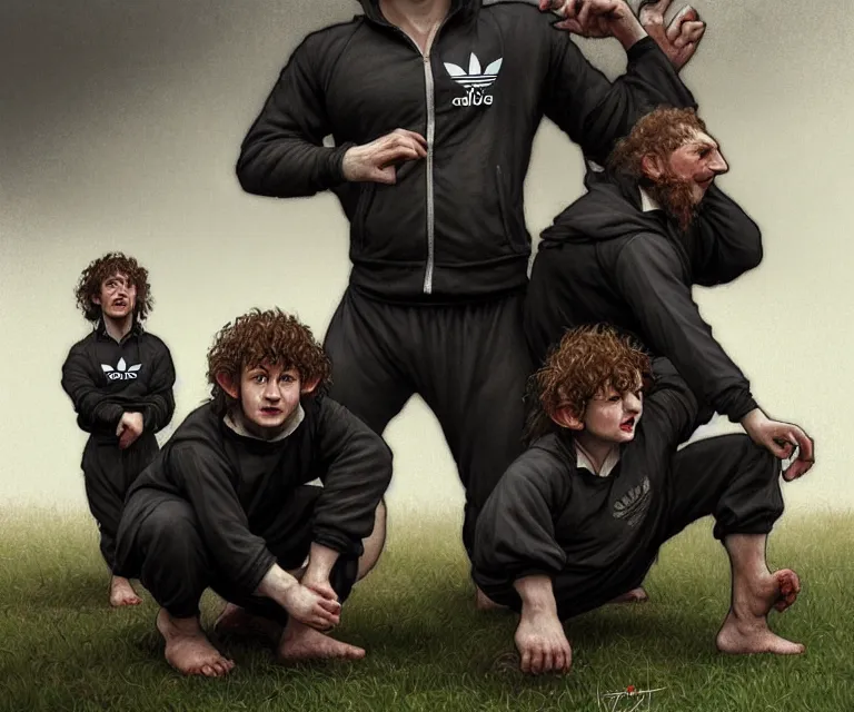 Image similar to portrait three hobbits as squatting slavs in black adidas track suits with white stripes down the leg, caricature, highly detailed, digital painting, artstation, concept art, sharp focus, cinematic lighting, illustration, art by met mangindaan, artgerm and greg rutkowski, alphonse mucha, cgsociety