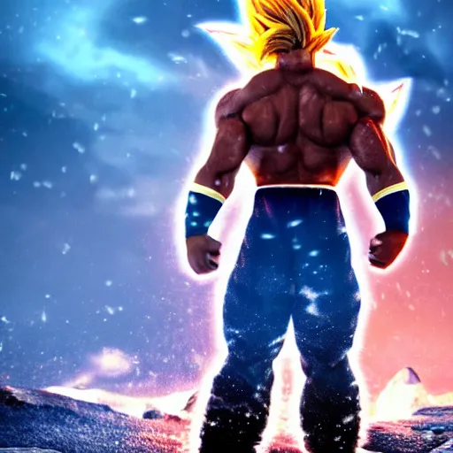 Image similar to photorealistic full shot of Dwayne Johnson as a warrior style goku super saiyan at moonlight, snowing, lightning bolt, high detail, unreal engine 4k volumetric light, fog,