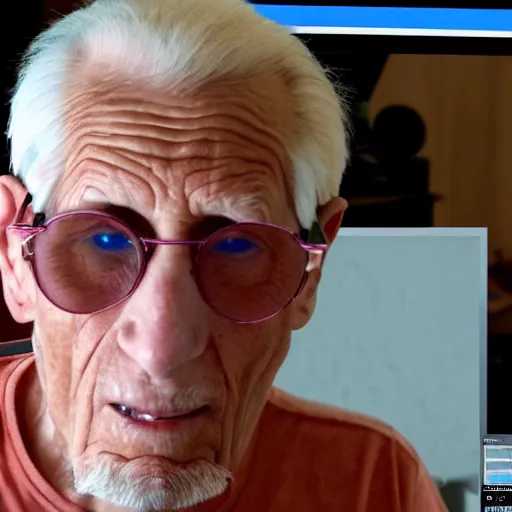 Image similar to A colored colorized real screenshot of Jerma985 as an elderly guy streaming on his computer, taken in the early 2020s, taken on a 2010s Camera, realistic, hyperrealistic, very realistic, very very realistic, highly detailed, very detailed, extremely detailed, detailed, digital art, trending on artstation, headshot and bodyshot, detailed face, very detailed face, very detailed face, real, real world, in real life, realism, HD Quality, 8k resolution, intricate details, colorized photograph, colorized photon, body and headshot, body and head in view