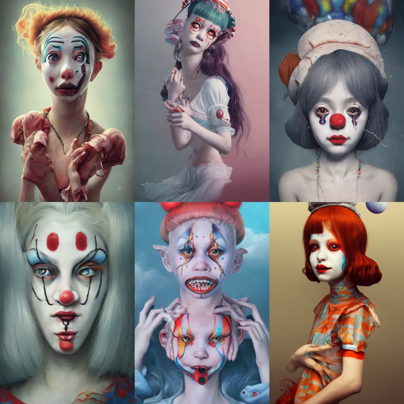 Image similar to breathtaking detailed painting of clown girl , with anxious, piercing eyes, Atari game cover art by Hsiao-Ron Cheng, James jean, Miho Hirano, Hayao Miyazaki, extremely moody lighting, hyperrealistic, octane render, RPG portrait, ambient light, dynamic lighting