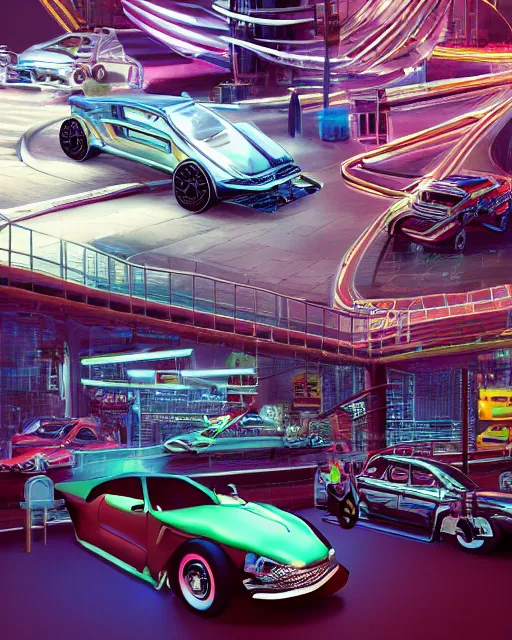 Image similar to exhibition of automobiles with some giant elements like velocimeters or wheels shaping the structures, neon lights, volumetric lighting, hyper realism, high detail, metallic surfaces, octane render, high contrast , 8k