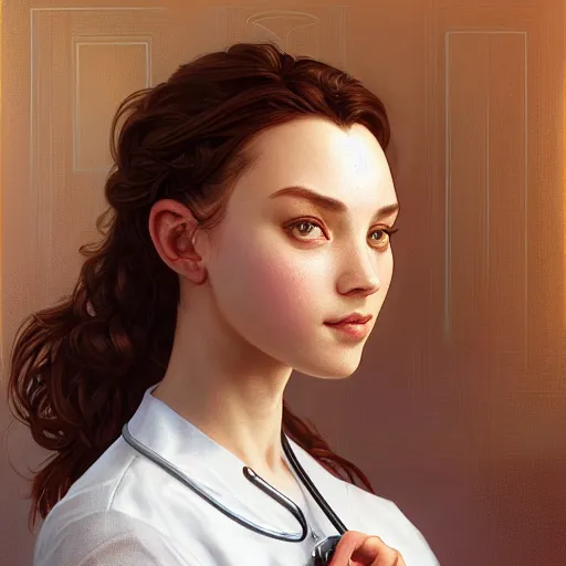 Image similar to an beautiful female nurse with short sleeves, perfectly-centered-Portrait of a most beautiful woman it the world, intricate, highly detailed, digital painting, artstation, concept art, smooth, sharp focus, illustration, Unreal Engine 5, 8K, art by artgerm and greg rutkowski and alphonse mucha