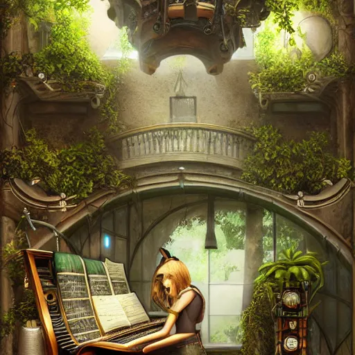 Prompt: very tidy steampunk home office overseeing a magical portal, lush plants, piano, guitar, synthesizer, beautifully lit, very detailed painting, hyperrealism, trending on artstation