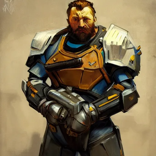 Image similar to greg manchess portrait painting of armored van gogh as overwatch character, medium shot, asymmetrical, profile picture, organic painting, sunny day, matte painting, bold shapes, hard edges, street art, trending on artstation, by huang guangjian, gil elvgren, ruan jia, randy vargas, greg rutkowski