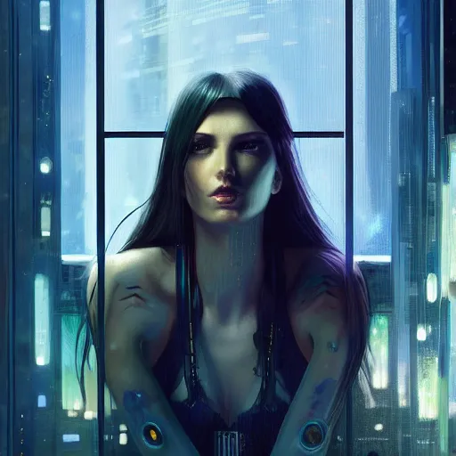 Image similar to portrait of cyberpunk woman looking out of a window, cyberpunk setting, futuristic, highly detailed, intricate lighting, digital painting, sharp focus, illustration, trending on artstation, art by karol bak.