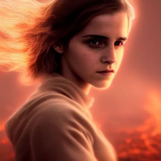 Prompt: A highly detailed 4K fantasy matte painting of Emma Watson on fire portrait. zdzislaw beksinski, ArtStation, CGSociety, Unreal Engine