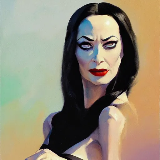 Image similar to greg manchess portrait painting of morticia from addams family as overwatch character, medium shot, asymmetrical, profile picture, organic painting, sunny day, matte painting, bold shapes, hard edges, street art, trending on artstation, by huang guangjian and gil elvgren and brom