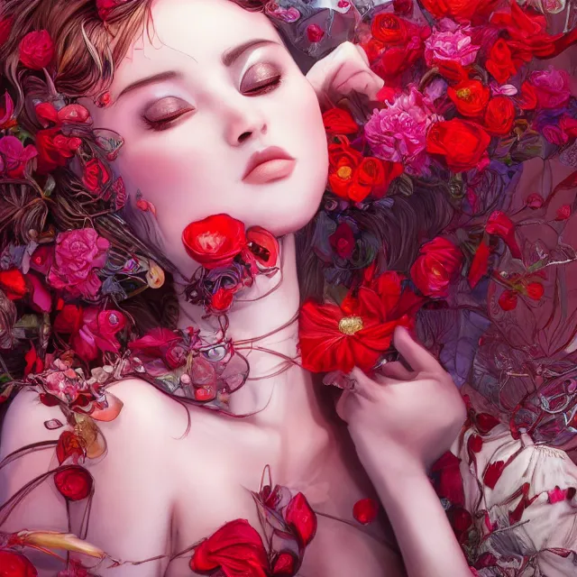 Image similar to studio portrait absurdly beautiful, elegant, graceful, young hypercolorful sensual gravure idol rubies and red petals, ultrafine hyperrealistic detailed face illustration by kim jung gi, irakli nadar, intricate linework, sharp focus, bright colors, matte, octopath traveler, final fantasy, unreal engine highly rendered, global illumination, radiant light, intricate environment