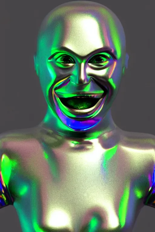 Image similar to 3d render of holographic angry human robotic screaming angry bust made of glossy iridescent, screaming, bust, surrealistic 3d illustration of a human non-binary, non binary model, 3d model human, cryengine, made of holographic texture, holographic material, holographic rainbow, concept of cyborg and artificial intelligence