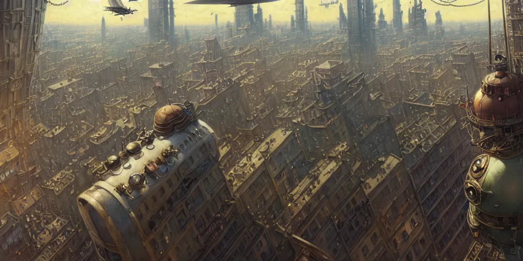 Image similar to steampunk airship above a busy city, exquisite details, denoised, mid view, by norman rockwell, karl kopinski, artsation, greg rutkowski, makoto shinkai, takashi takeuchi, studio ghibli