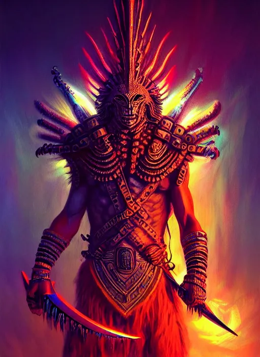 Prompt: hyper detailed ultra sharp aztec underworld warrior trance man. trending on artstation, warpaint aesthetic, earthwave, colorful, neon, ornate, intricate, digital painting, concept art, smooth, sharp focus, illustration, art by artgerm and greg rutkowski and h. r. giger, 8 k