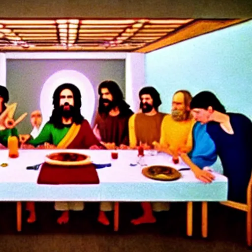 Image similar to a still from a film about modern day people re-enacting the last supper with psychedelics instead of food. Directed by Stanley Kubrick and Wes Anderson, Art directed by Edward Hopper.