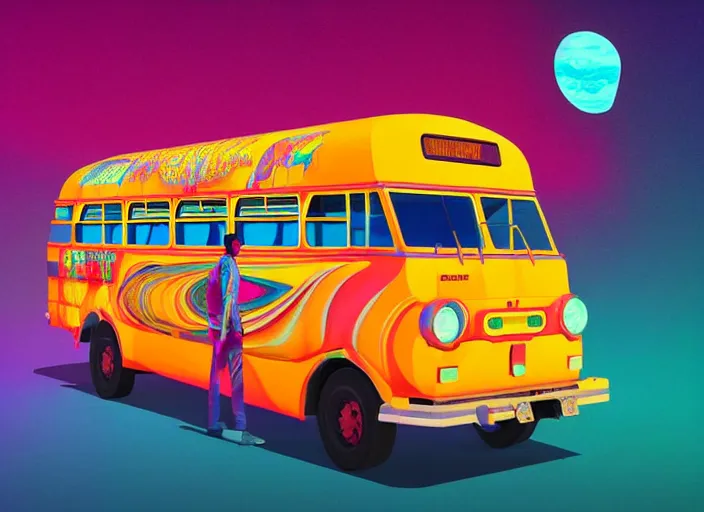 Image similar to a luminescent colorful indian bus by paolo eleuteri serpieri and tomer hanuka and chesley bonestell and daniel merriam and tomokazu matsuyama, unreal engine, high resolution render, featured on artstation, octane, 8 k, highly intricate details, vivid colors, vector illustration