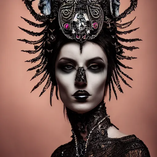 Image similar to a portrait of female model by stefan geselle, nekro borja and peter kemp, dark fantasy, ornate headpiece, dark beauty, photorealistic, canon r 3, photography