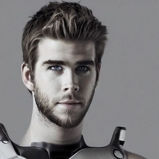 Image similar to “a realistic detailed photo of a guy who is an attractive humanoid who is half robot and half humanoid, who is a male android, actor Liam Hemsworth, shiny skin, posing like a statue, blank stare, at the museum, on display”