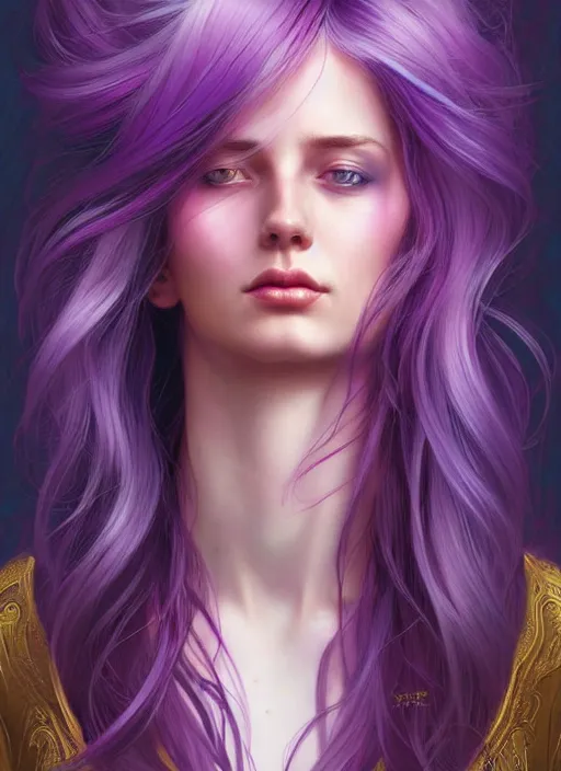 Image similar to Portrait of a woman with bright colored flying hair, all shades of purple. Hair coloring, amber eyes, face, long hair, fantasy, intricate, elegant, highly detailed, digital painting, artstation, concept art, smooth, sharp focus, illustration, art by artgerm and greg rutkowski and alphonse mucha