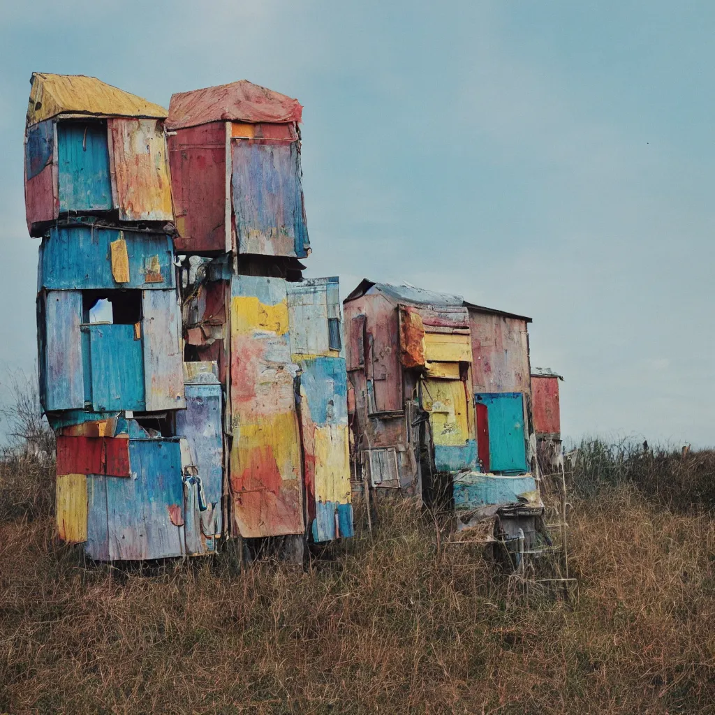 Image similar to two towers made up of colourful makeshift squatter shacks with faded colours, plain uniform sky at the back, soft focus, mamiya rb 6 7, f 1. 8, photographed by uta barth