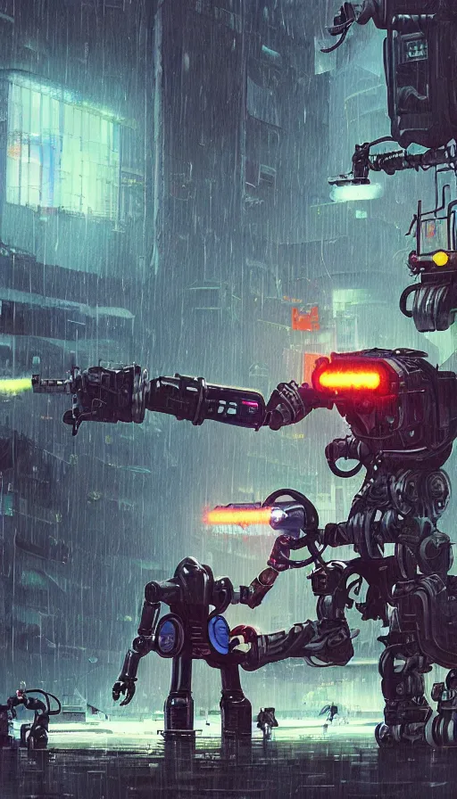 Image similar to a dieselpunk robot duels a cyberpunk robot, raining, sharp focus, james gilleard, cinematic, game art, extremely detailed digital painting