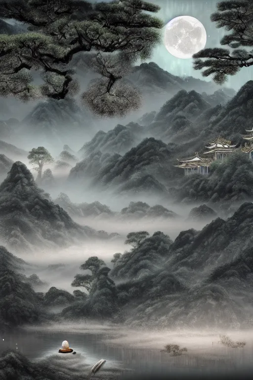 Prompt: chinese painting rendering of a surreal ancient chinese landscape, with a stream, little moon | moonlet, an ancient chinese pavilion and pine trees on the water surface, a dark starry sky, clouds, lighting in the pavilion, magical light fog, night, dim light, aestheticism, fantasy, 8 k, cinematic, zbrush, marmoset toolkit