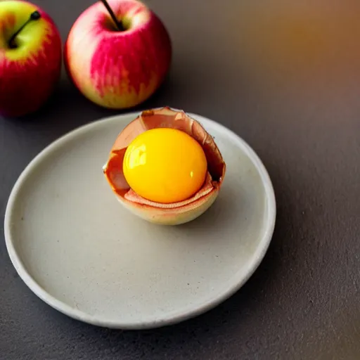 Image similar to close-up photo of half of an apple with a egg yolk inside, professional food photography, studio lighting