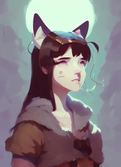 Image similar to portrait of cute catgirl with cat ears, by atey ghailan, by greg rutkowski, by greg tocchini, by james gilleard, by joe gb fenton, by in kaethe butcher, dynamic lighting, gradient light blue, brown, blonde cream and white color in scheme, grunge aesthetic