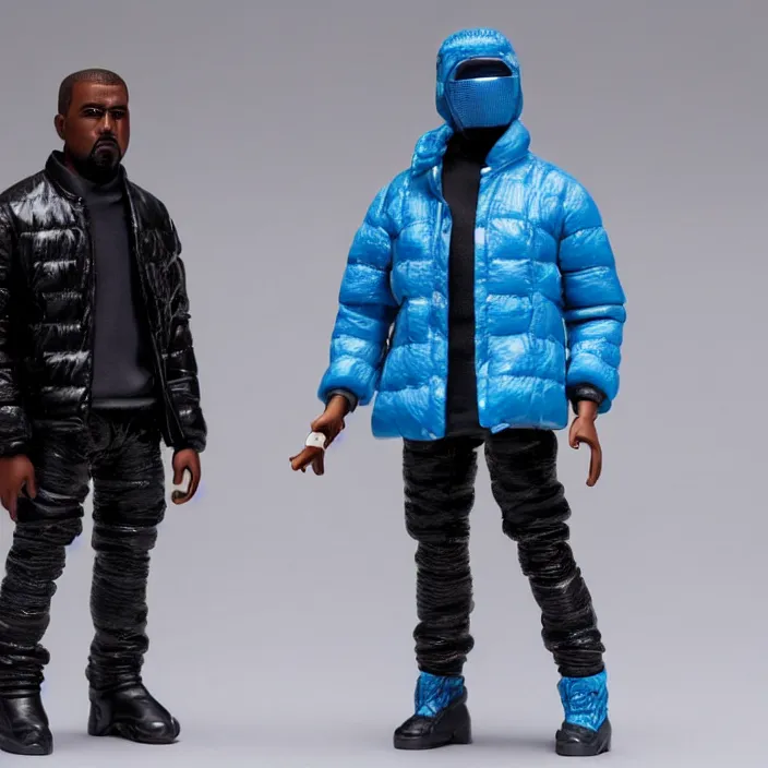 Prompt: a action figure of kanye west using full face - covering mask with small holes. a small, tight, undersized reflective bright blue round puffer jacket made of nylon. a shirt underneath. black jeans pants made of nylon. a pair of big rubber boots, figurine, detailed product photo, 4 k, realistic, acton figure, studio lighting, professional photo